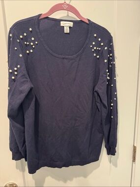 Calvin Klein Navy Sweater with Pearl and Shiny Accents
